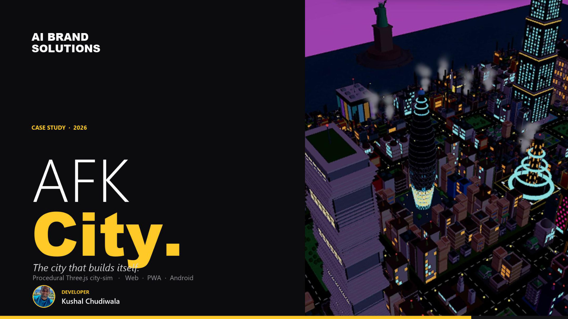 AFK City case study cover — the city that builds itself, a free browser-native city simulation by AI Brand Solutions