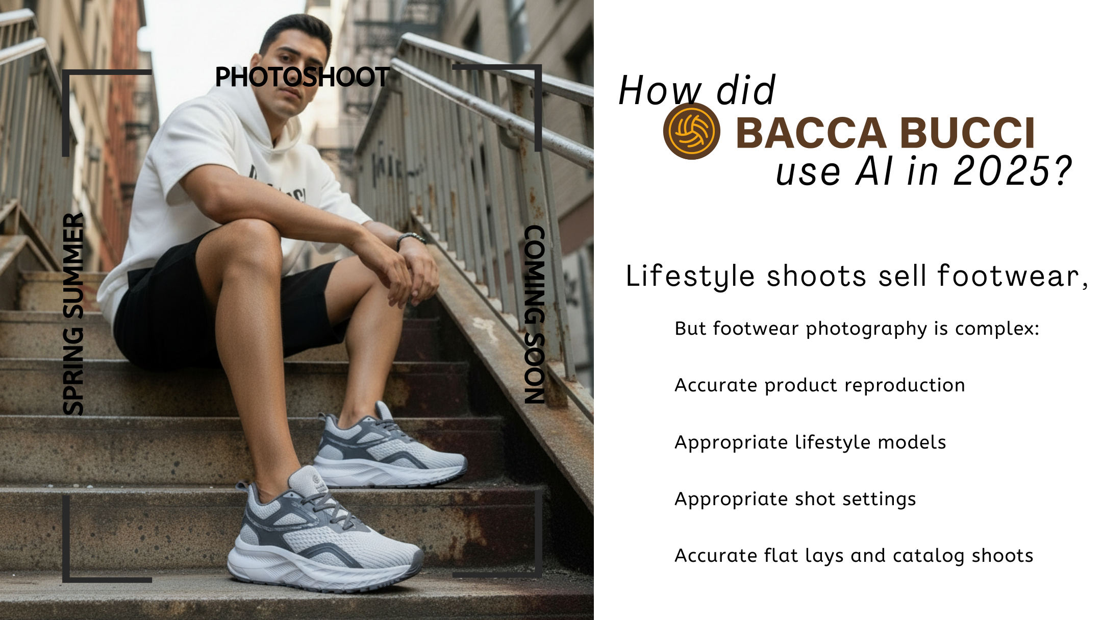 Bacca Bucci AI product photography case study — footwear brand using AI for Spring/Summer catalog