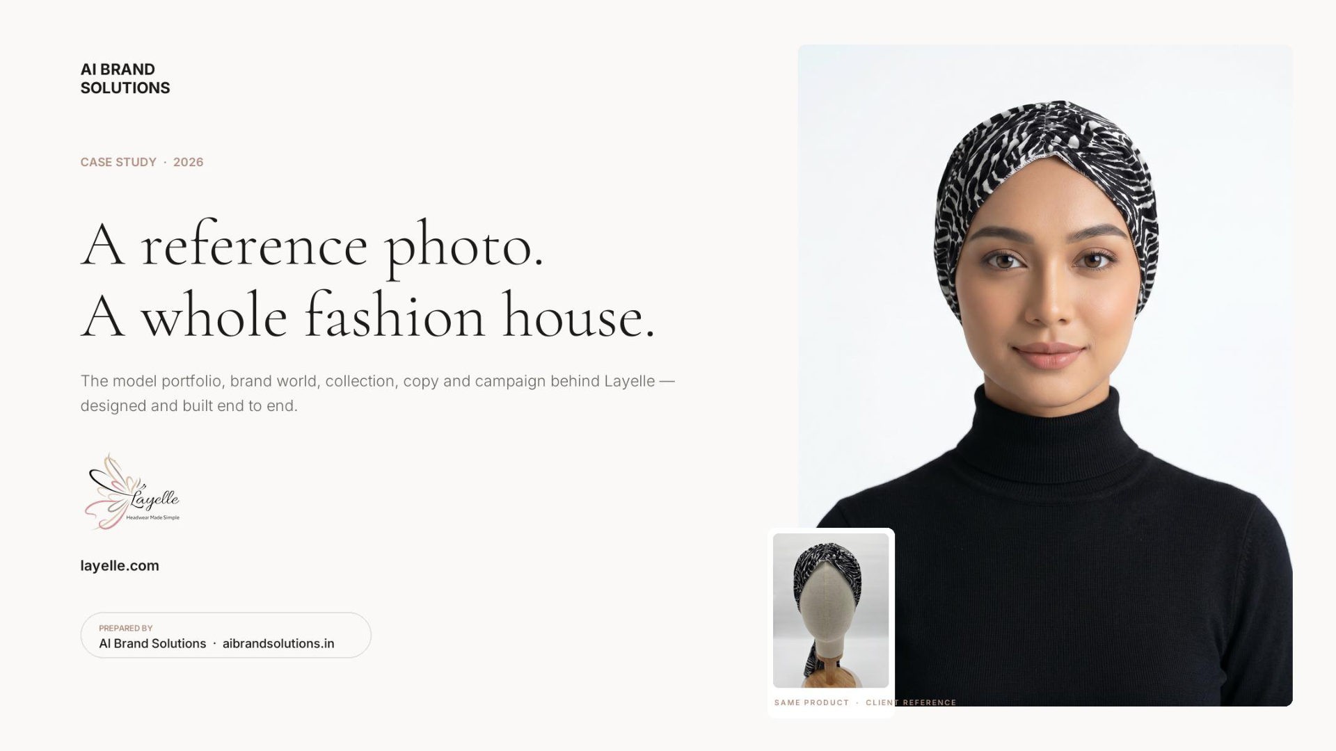 Layelle case study cover — a whole fashion house built from reference photos, made exclusively on Product Studio by AI Brand Solutions