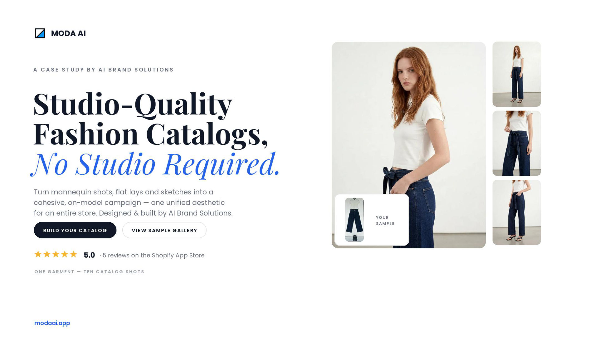 Moda AI case study cover — studio-quality fashion catalogs with no studio required, an AI Brand Solutions product on Shopify