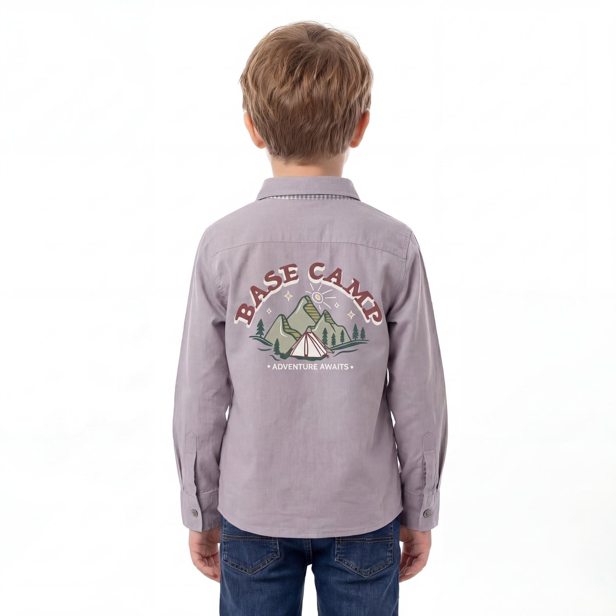 AI product photo — boy in grey Base Camp mountain graphic shirt, back view