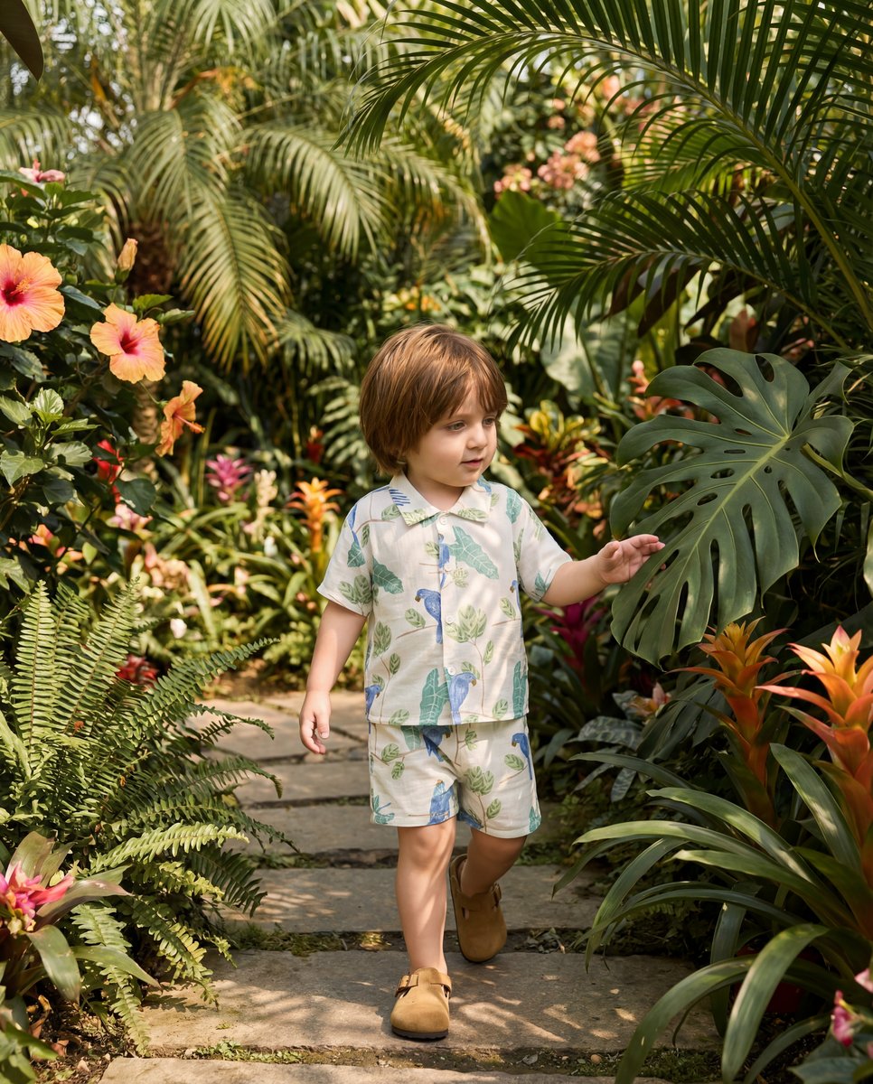 Product Studio PRO — child in tropical parrot-print shirt set in garden