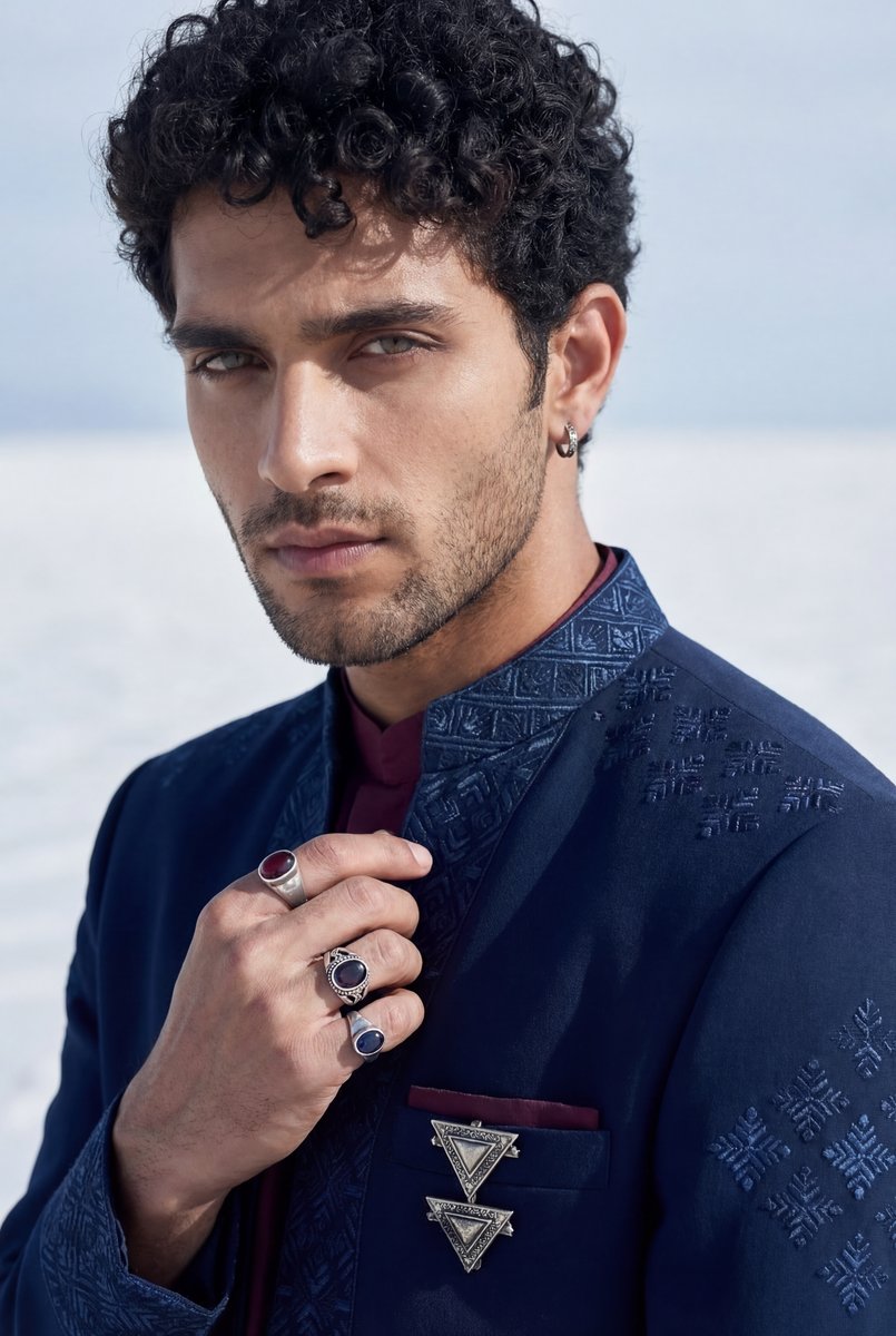 AI-generated men's fashion — navy embroidered blazer with curly hair on salt flat backdrop