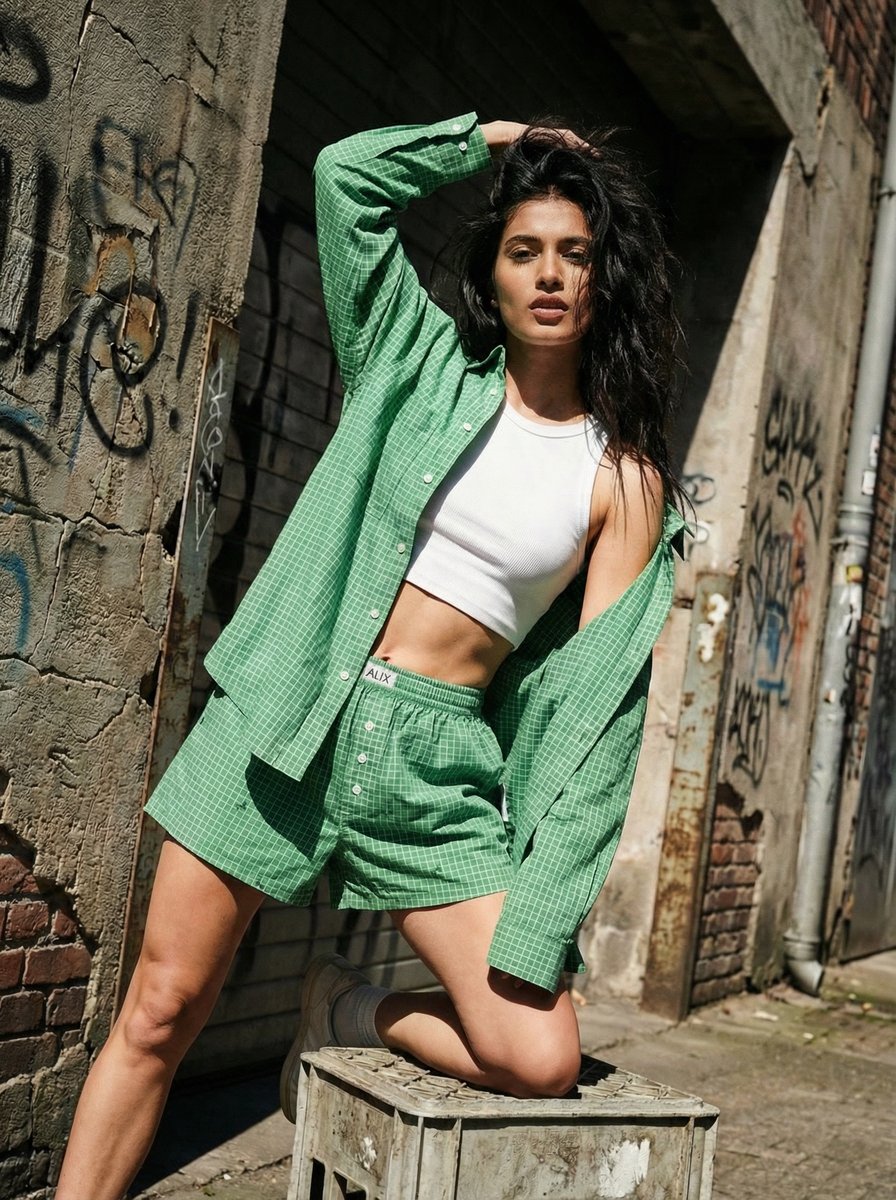 AI-generated casual wear photo — woman in green check shirt and shorts in urban alley