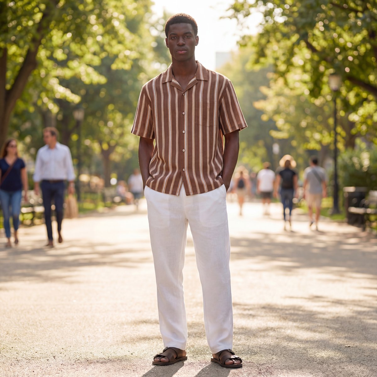 AI-generated casual menswear — brown striped camp shirt and white linen pants in park