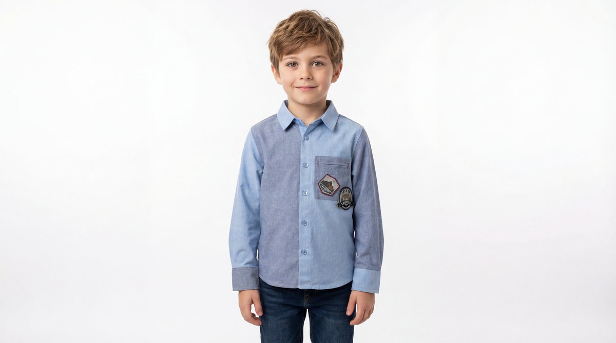 AI product photo — boy in blue chambray shirt with adventure patches