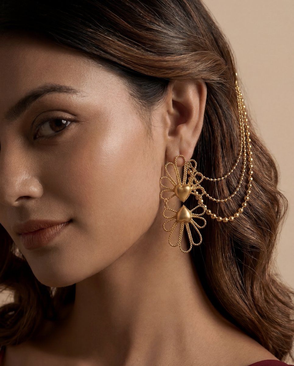 AI-generated jewelry close-up — ornate gold heart-motif earrings with chain detail