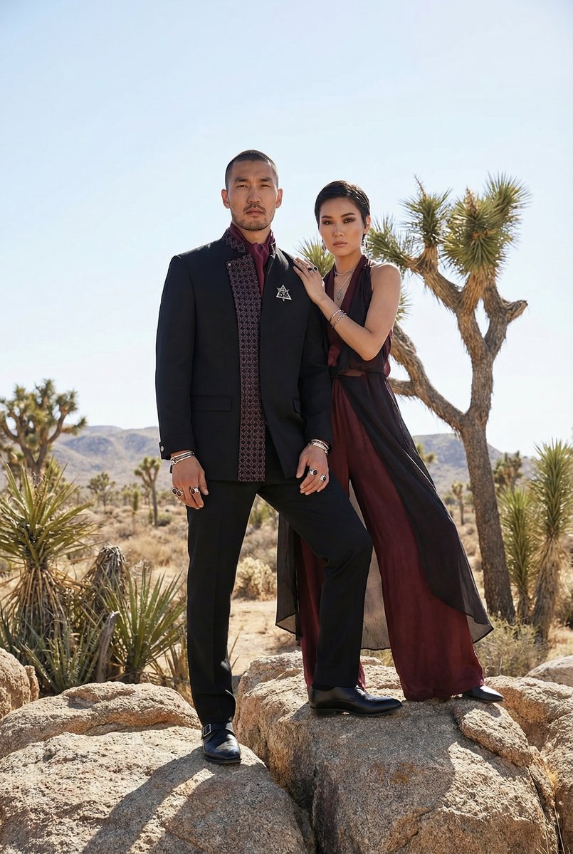 Product Studio PRO — couple in black formal wear in Joshua Tree desert