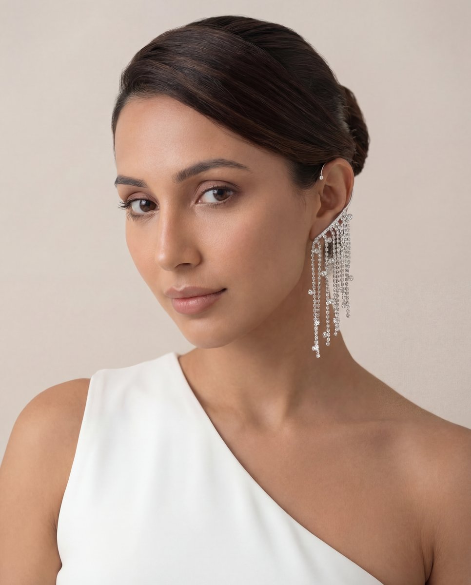 AI product photo — crystal cascade earring on model in white one-shoulder top