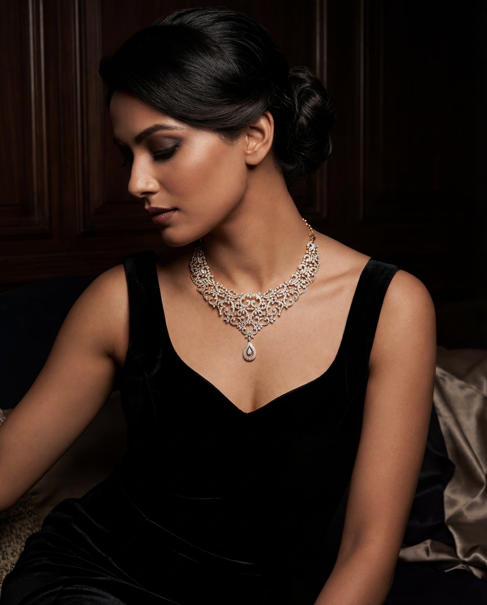 AI product photo — diamond necklace on model in black velvet dress