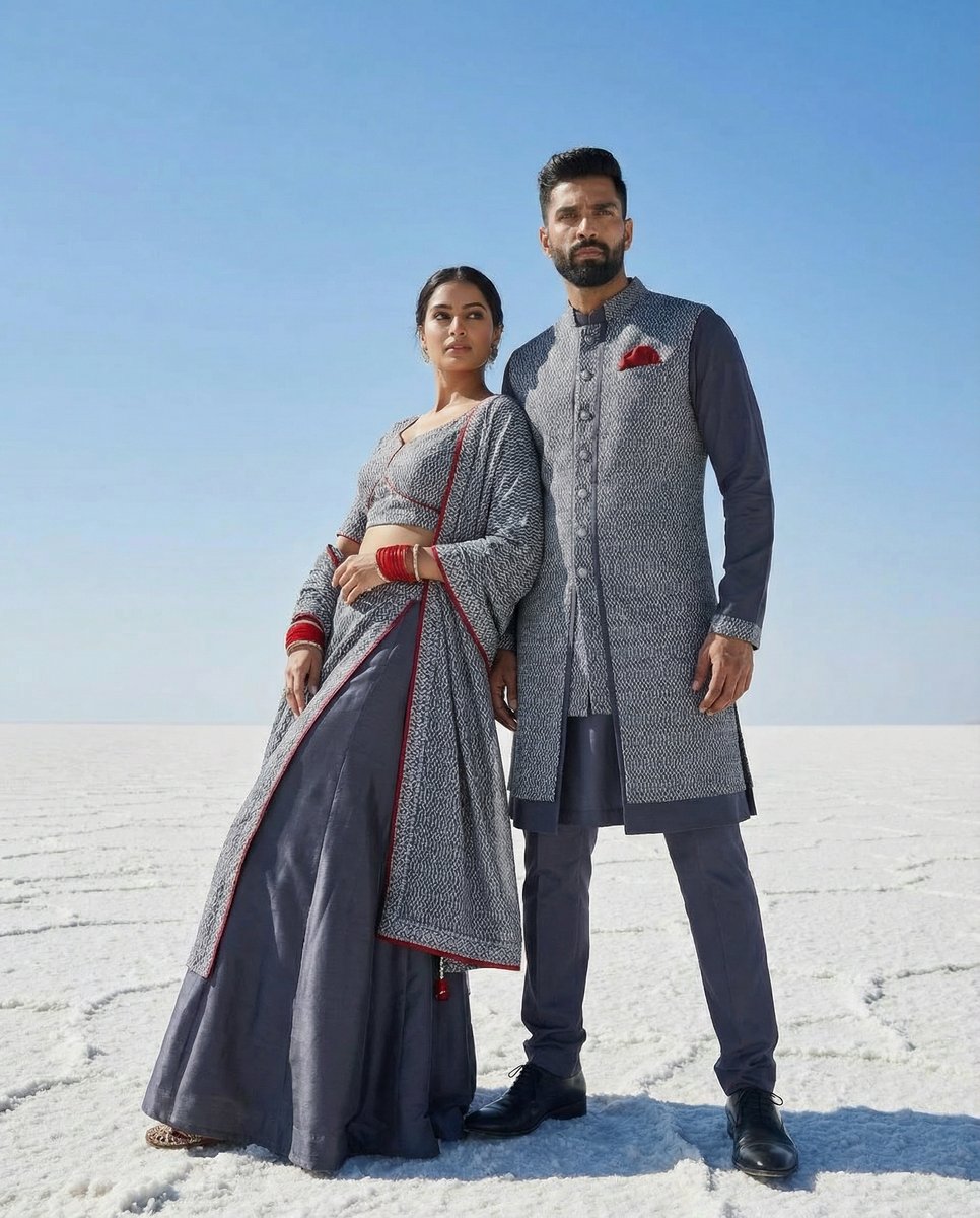 AI-generated couples fashion shoot — matching grey ethnic wear on white salt flats