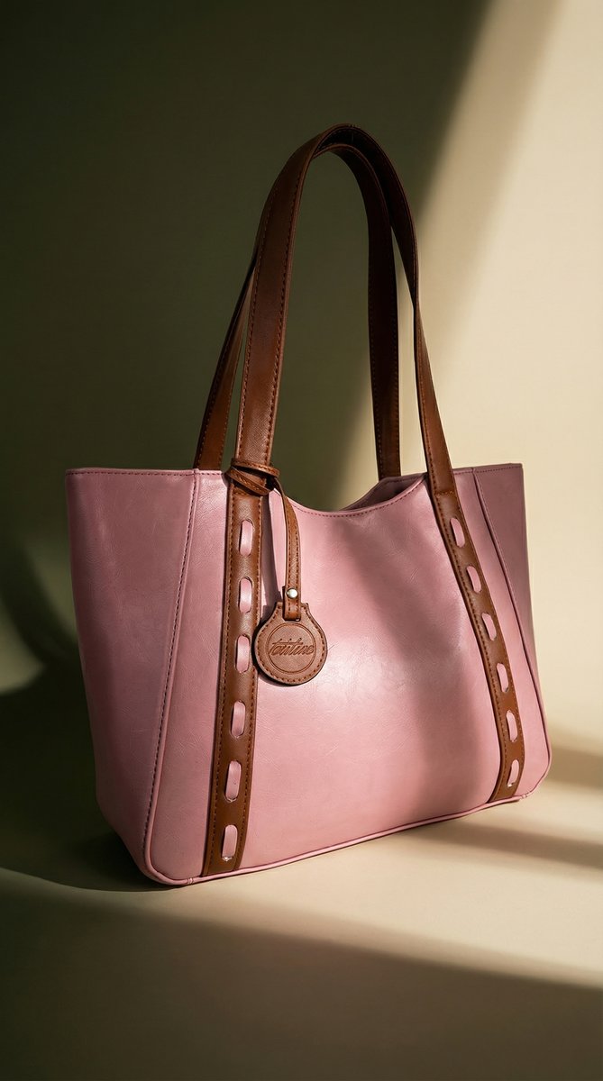 AI product photo — pink leather tote with brown straps on olive backdrop