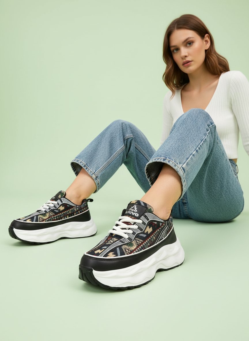 Product Studio PRO — patterned chunky sneakers on model in jeans with green backdrop
