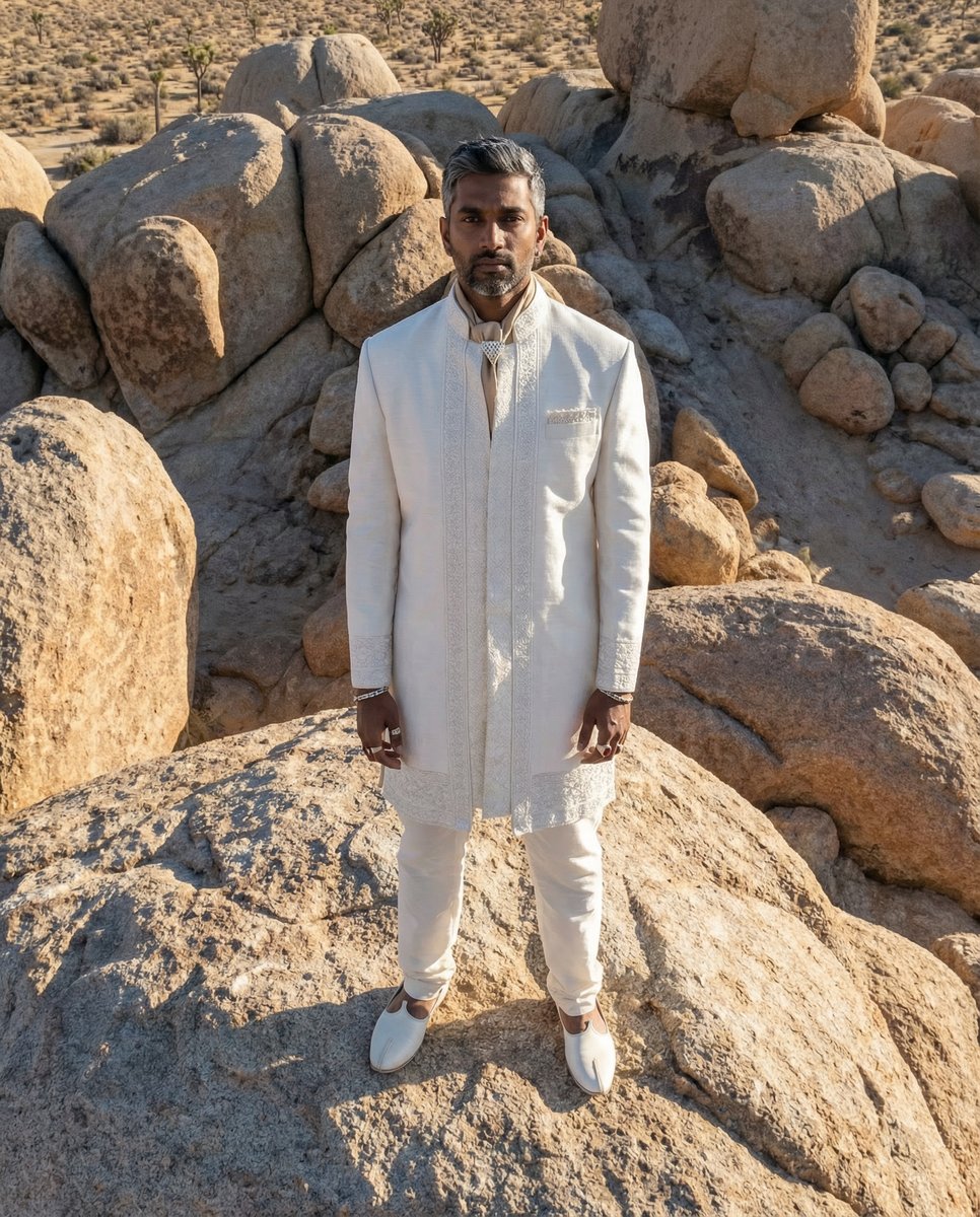 AI-generated ethnic fashion — white embroidered sherwani on desert rocks
